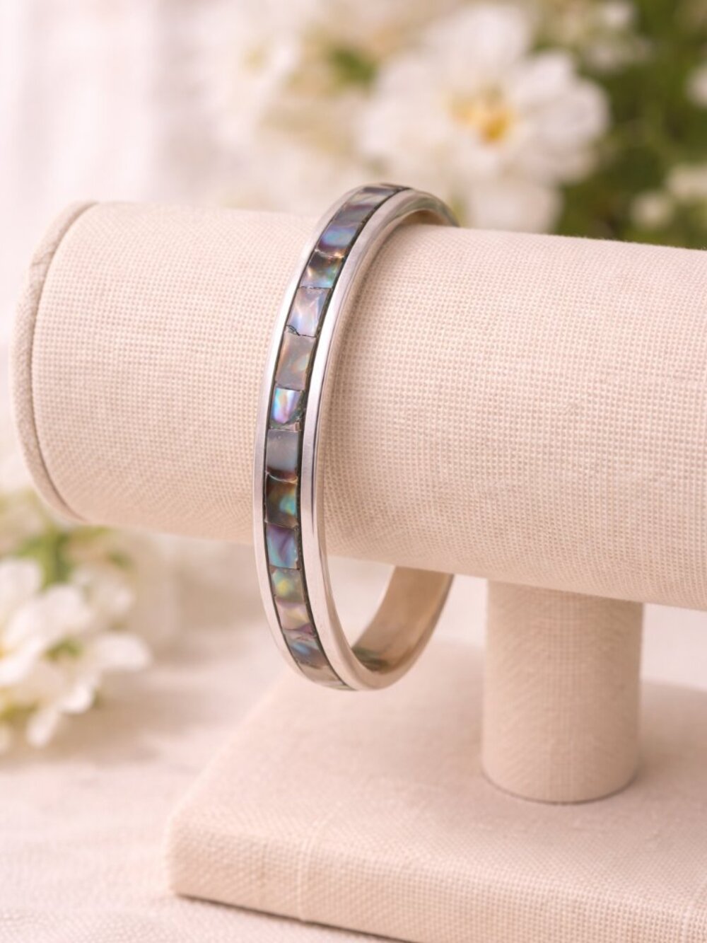 Abalone Shell Inlay Sterling Silver Round Bangle Bracelet Mexico Vintage